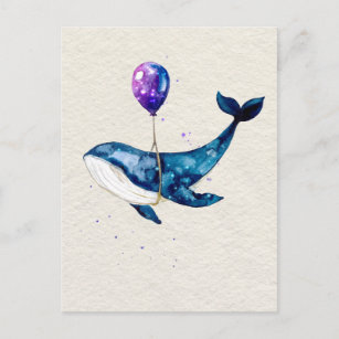 Humpback Whale mit Lila Ballon Wasserfarben Kunst Postkarte