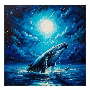 Humpback Whales Under Moonlight Poster