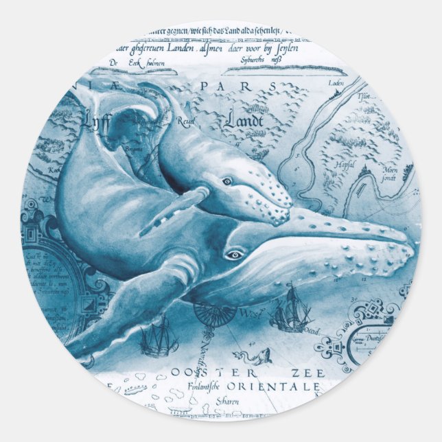 Humpbacks Blue Vintage Karte Runder Aufkleber (Vorderseite)