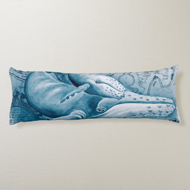 Humpbacks Blue Vintage Karte Seitenschläferkissen (Rückseite)