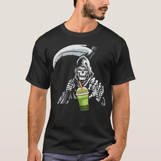 Humurer Grim Sensenmann Boba Tea T-Shirt (Vorderseite)