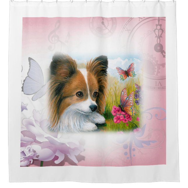 Hund 123 Papillon Duschvorhang (Vorderseite)