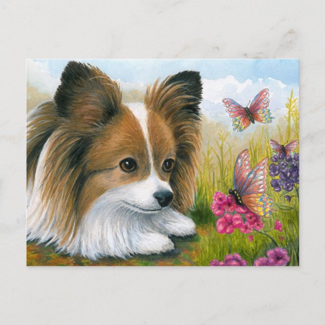 Hund 123 Papillon Hund mit Schmetterlingen Postkarte (Vorderseite)