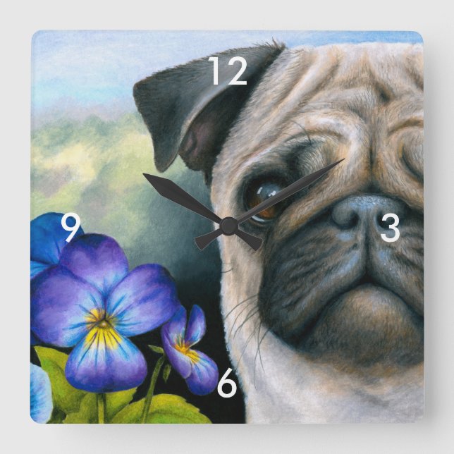Hund 133 Mops Blaue Lila Blume Quadratische Wanduhr (Vorderseite)