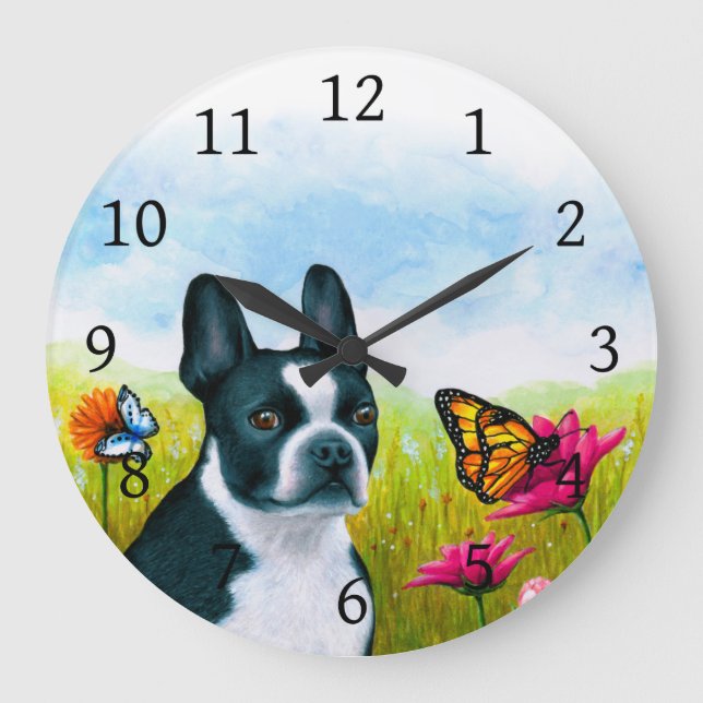 Hund 134 Boston Terrier Schmetterling Blume Große Wanduhr (Vorderseite)