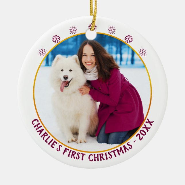 Hund 1. Weihnachten - Foto und Jahr - Weißes Gold Keramik Ornament (Vorne)