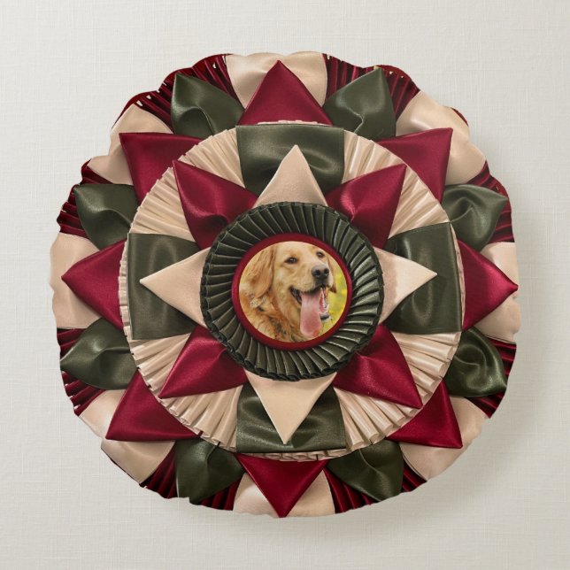 Hund A.K.C. Titel Foto Ribbon Rosette Rundes Kissen (Vorderseite)