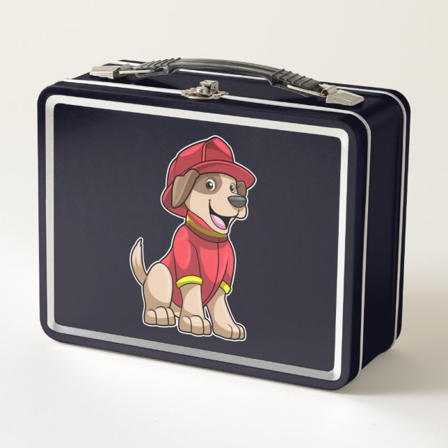 Hund als Feuerwehrmann mit Feuerhelm Metall Brotdose (Vorderseite)