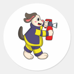 Hund als Feuerwehrmann mit Feuerlöscherin Runder Aufkleber