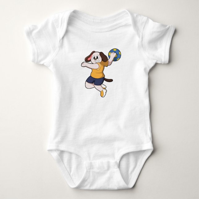 Hund als Handballspieler mit Handball Baby Strampler (Vorderseite)