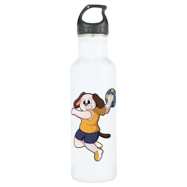 Hund als Handballspieler mit Handball Edelstahlflasche (Vorderseite)