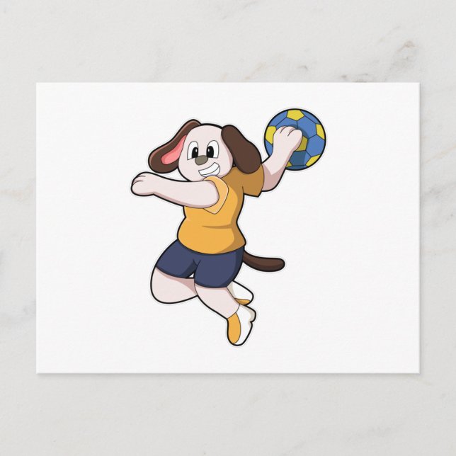 Hund als Handballspieler mit Handball Postkarte (Vorderseite)