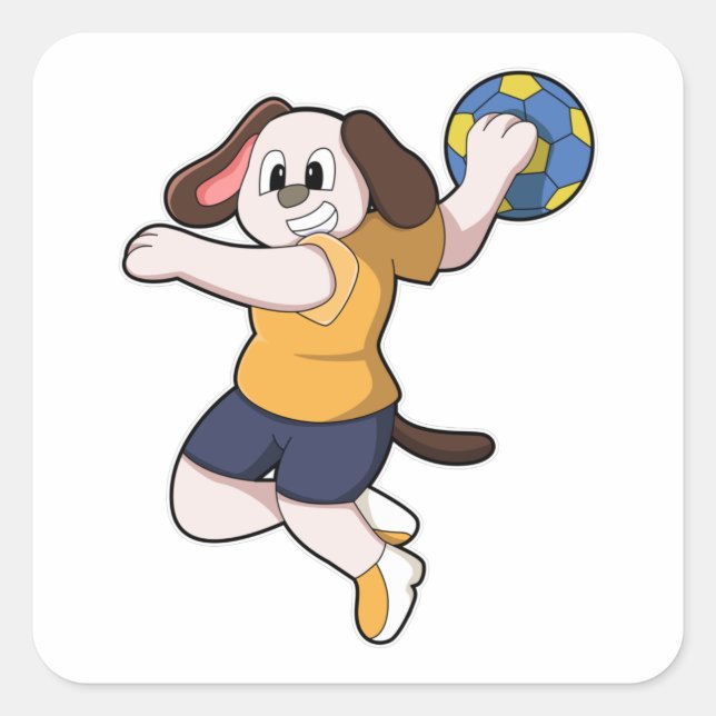 Hund als Handballspieler mit Handball Quadratischer Aufkleber (Vorderseite)