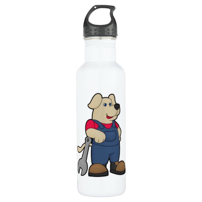 Hund als Mechaniker mit Schlüssel Edelstahlflasche (Vorderseite)