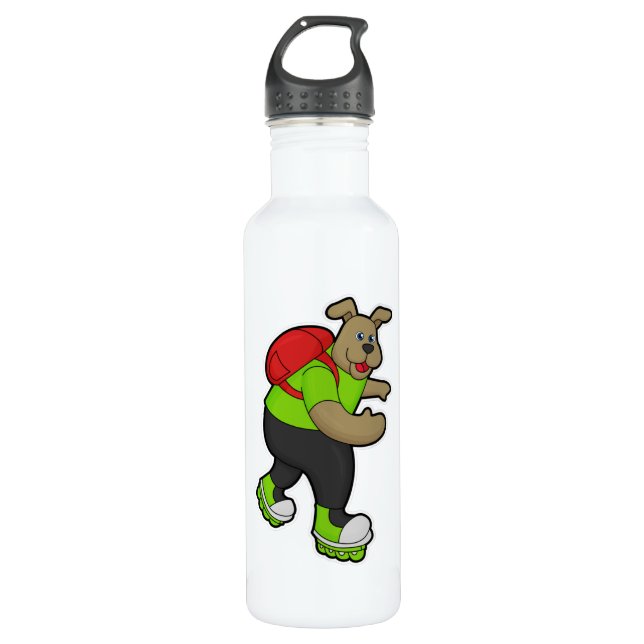 Hund als Skater mit Inline-Skaten und Rucksack Edelstahlflasche (Vorderseite)