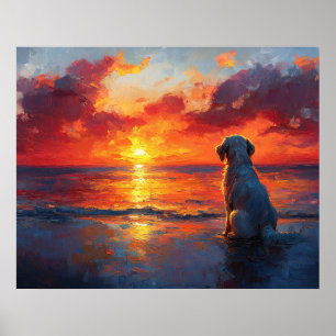 Hund am Strand beim Beobachten des Sonnenuntergang Poster