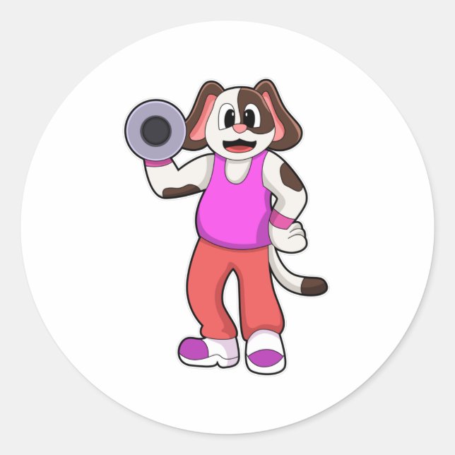 Hund an der Bodybuilding mit Dumbell Runder Aufkleber (Vorderseite)