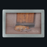 Hund an der Erholung Rechteckige Gürtelschnalle<br><div class="desc">Hunde an der Erholung Nature Foto drucken und Geschenke zeigen ein wunderschönes Foto eines Hundes, der vor einer Schlammhütte mit einer Orangentür in Afrika schlief und am Nachmittag von Kurt Keller auf einer afrikanischen Safari aufgenommen wurde. Wer Tiere, Hunde, Naturfotografie und Welpenliebhaber Liebe, wird dieses friedliche Schlafpochfoto schätzen. Bring heute...</div>