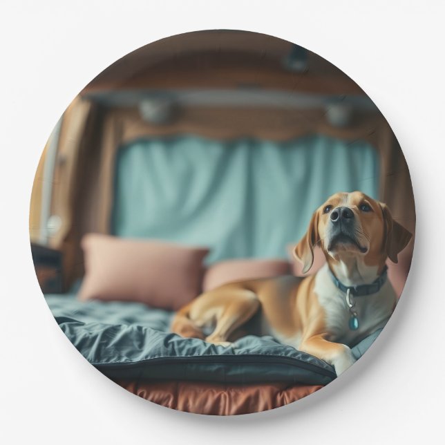 Hund auf Bett Pappteller (Vorderseite)