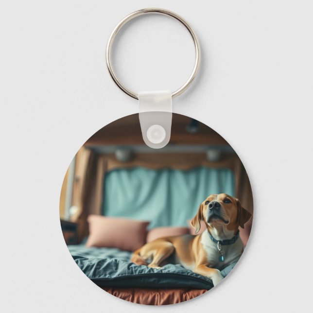 Hund auf Bett Schlüsselanhänger (Vorderseite)