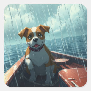 Hund auf Boot im Ozean während Regen Quadratischer Aufkleber