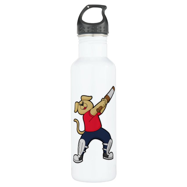 Hund auf Cricket mit Cricket-Fledermaus Edelstahlflasche (Vorderseite)