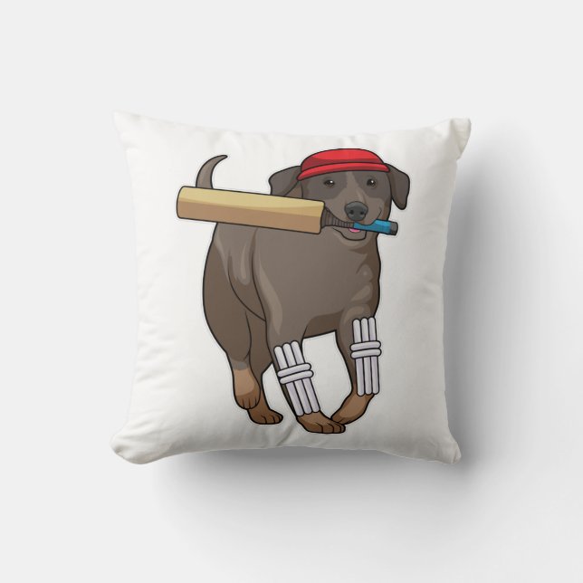 Hund auf Cricket mit Cricket-Fledermaus Kissen (Vorderseite)
