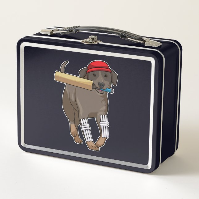 Hund auf Cricket mit Cricket-Fledermaus Metall Brotdose (Vorderseite)