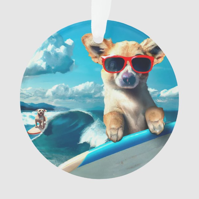 Hund auf Surfboard mit Sonnenbrille AI Art Weihnac Ornament (Vorderseite)