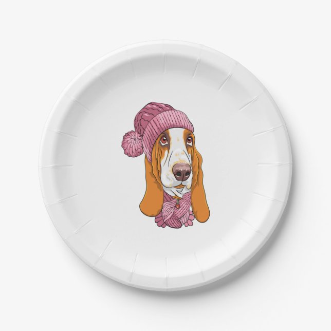 Hund Basset Hound Rasse in Strickhut Pappteller (Vorderseite)
