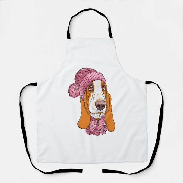 Hund Basset Hound Rasse in Strickhut Schürze (Vorderseite)