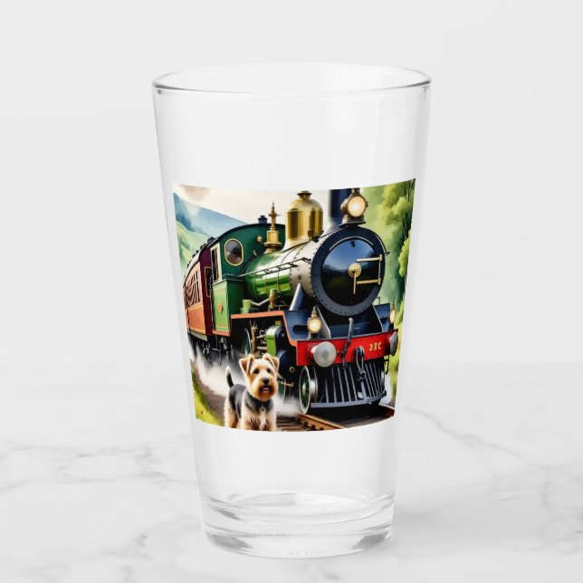 Hund begrüßt Dampflok Glas (Vorderseite)