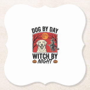 Hund bei Tag, Hexe bei Nacht, Vintage-Halloween-Hu Untersetzer