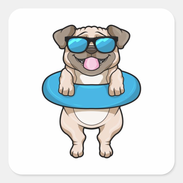 Hund beim Baden mit Schwimmring Quadratischer Aufkleber (Vorderseite)