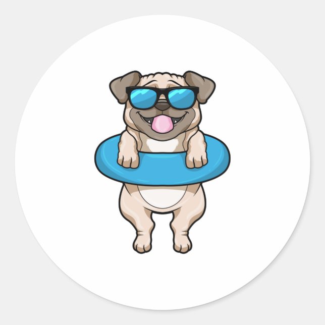Hund beim Baden mit Schwimmring Runder Aufkleber (Vorderseite)