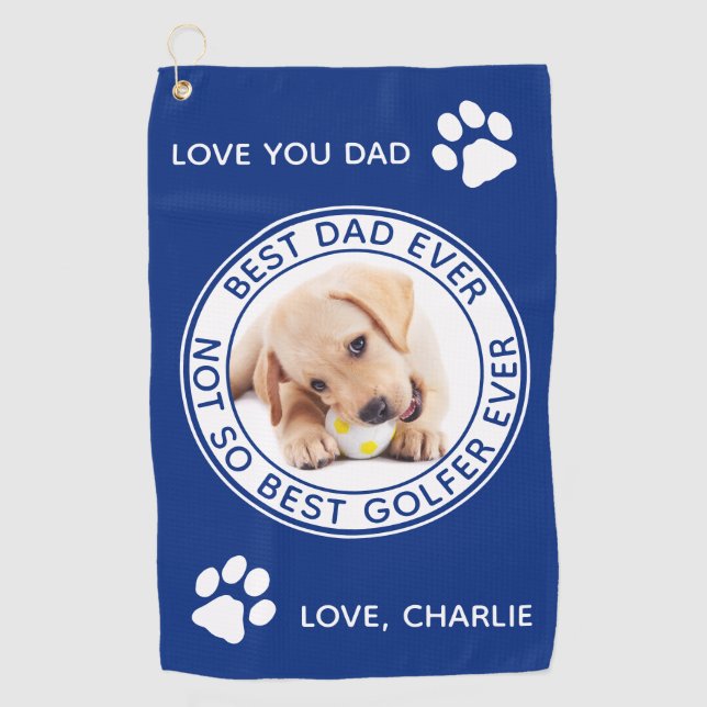 Hund Bester Vater je Blau Weißes Foto Golfhandtuch (Vorderseite)