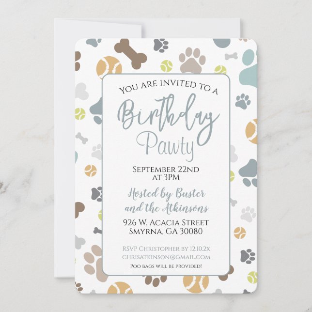 Hund Birthday Pawty Blue Party Einladung (Vorderseite)