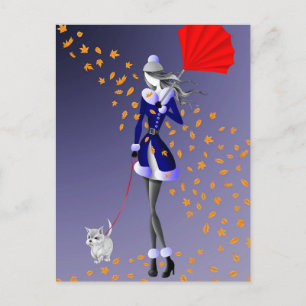 Hund & Dame Herbstblätter Blau  Postkarte
