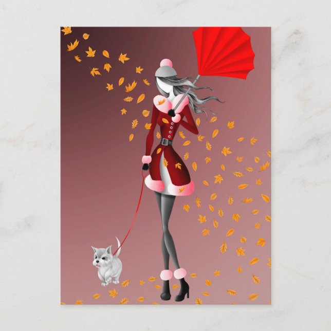 Hund & Dame Herbstblätter Rot  Postkarte (Vorderseite)