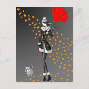 Hund & Dame Herbstlaub Grau Monochrom Postkarte