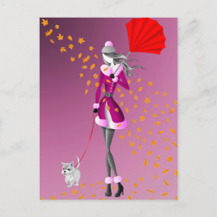 Hund & Dame Herbstlaub Rosa Postkarte