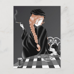 Hund & Dame im Café Brunette Hair Postkarte