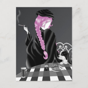 Hund & Dame im Café Pink Hair Postcard Postkarte