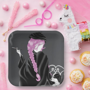 Hund & Dame im Café PinkHair Pappteller