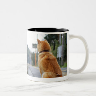 Hund, der auf Bahnstation sitzt Zweifarbige Tasse