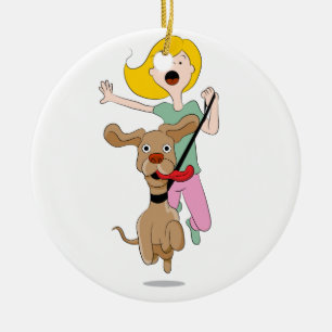 Hund, der Frauen-Cartoon zieht Keramikornament