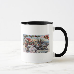 Hund, der Kind auf Eis-Skaten zieht Tasse