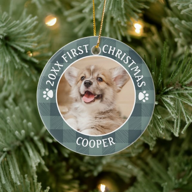 Hund ERSTE CHRISTMAS Green Buffalo Kariert Keepake Keramik Ornament (Baum)