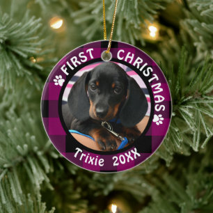 Hund Erste Weihnachten 2-Foto Rosa und Schwarz Kar Keramikornament