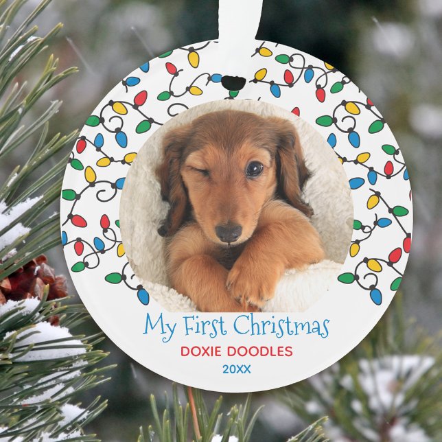 Hund Erste Weihnachtsbeleuchtung Welpen Foto Ornament (Puppy dog first christmas with photo and christmas lights)